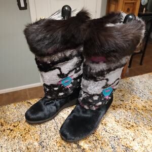 Tecnica Leather Fur Embroidered Boots Mid Calf Multicolor Women's Size US 6.5